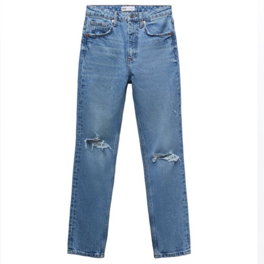 Zara Slim Fit High Rise Ripped Jeans in Mid Blue, Size 27